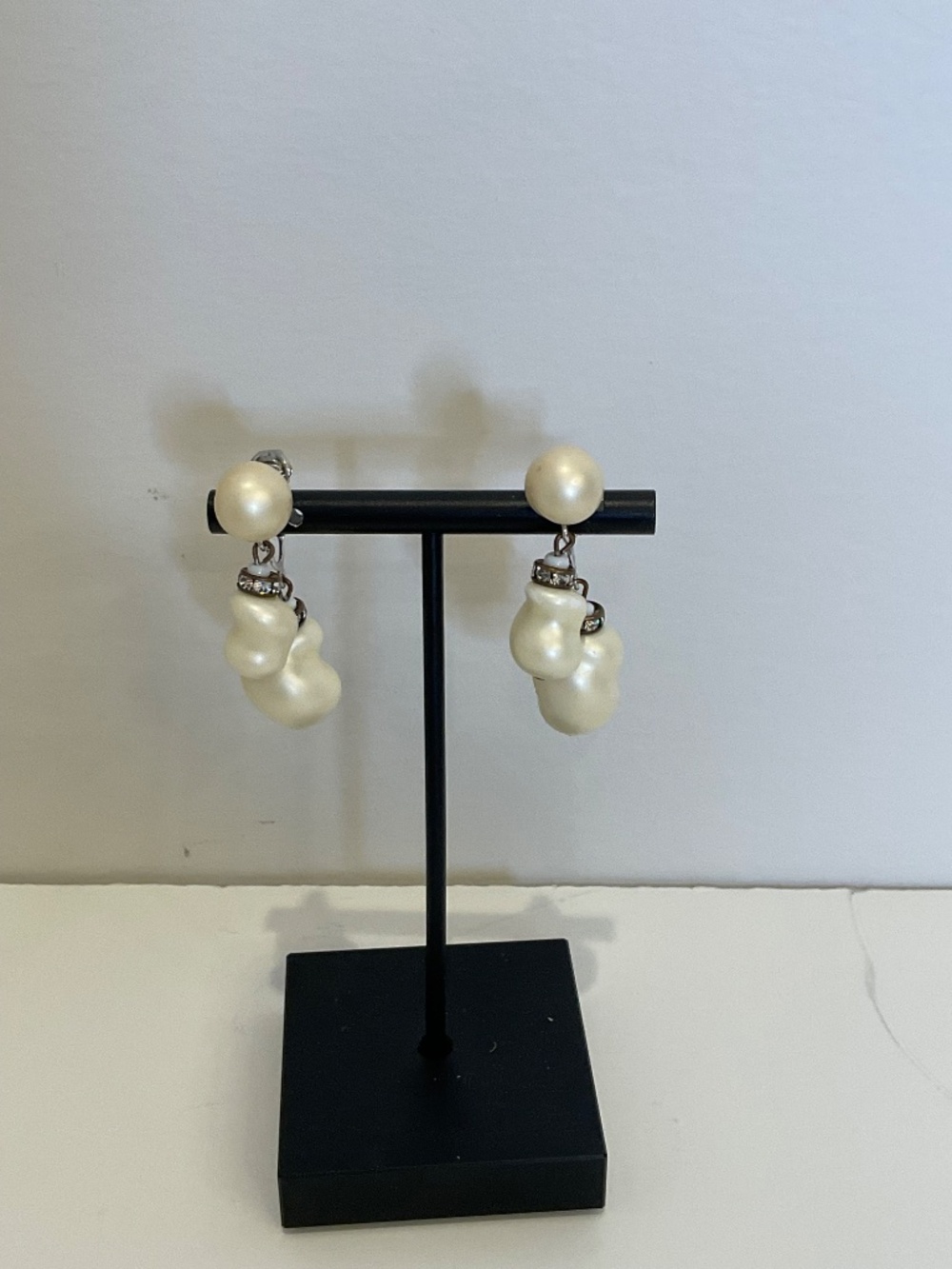 Vintage Marvella Faux Baroque Pearl Double Drop Clip On Earrings Rhinestone